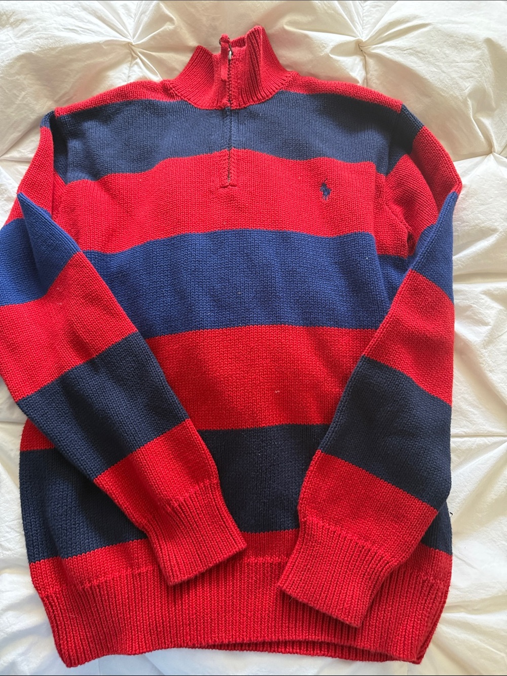 Polo by Ralph Lauren Red and Navy Bold-Striped Half-Zip Sweater